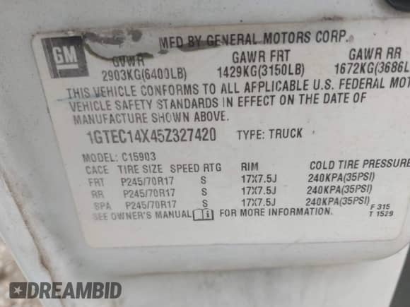 2005 GMC Sierra 1500 Work Truck z VIN 1GTEC14X45Z327420, wystawiony jako IAAI lot #42617787 z przebiegiem 339 372 mil mil oraz . Historia ofert i sprzedaży dostępna na DreamBid. Obrazek 9.