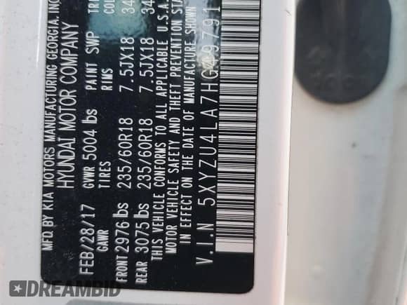 2017 Hyundai Santa Fe 2.0T with VIN 5XYZU4LA7HG497917, listed as a Copart auction lot 65240445 with 142,212 mi miles and Clean title. Bid and sale history available at DreamBid. Image 14.