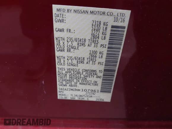 2017 Nissan Murano S with VIN 5N1AZ2MG9HN107961, listed as a IAAI auction lot 41838283 with 51,455 mi miles and . Bid and sale history available at DreamBid. Image 9.