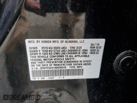 2019 Honda Pilot EX with VIN 5FNYF5H31KB038516, listed as a Copart auction lot 68412575 with 86,077 mi miles and Salvage title. Bid and sale history available at DreamBid. Image 13.
