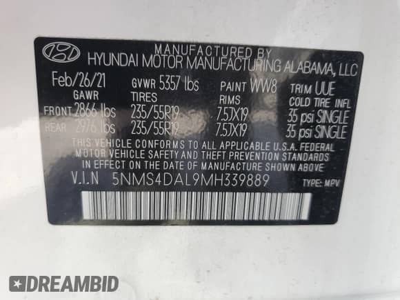 2021 Hyundai Santa Fe Limited with VIN 5NMS4DAL9MH339889, listed as a Copart auction lot 55283765 with 40,173 mi miles and Salvage title. Bid and sale history available at DreamBid. Image 13.