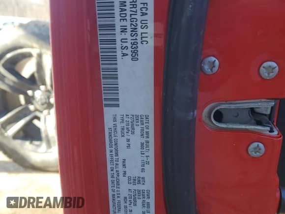 2022 Ram 1500 SLT z VIN 1C6RR7LG2NS193950, wystawiony jako Copart lot #44499265 z przebiegiem 44 800 mil mil oraz Szkoda całkowita • Salvage title. Historia ofert i sprzedaży dostępna na DreamBid. Obrazek 12.