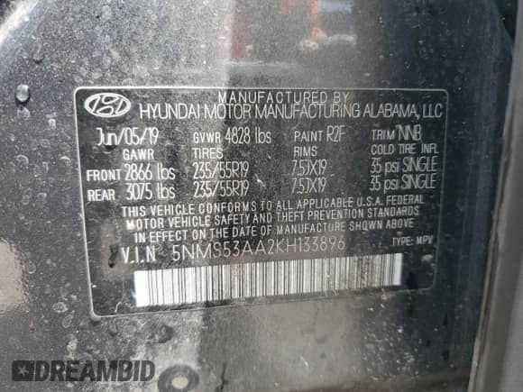 2019 Hyundai Santa Fe Limited z VIN 5NMS53AA2KH133896, wystawiony jako Copart lot #51812595 z przebiegiem 122 601 mil mil oraz Szkoda całkowita • Salvage title. Historia ofert i sprzedaży dostępna na DreamBid. Obrazek 14.