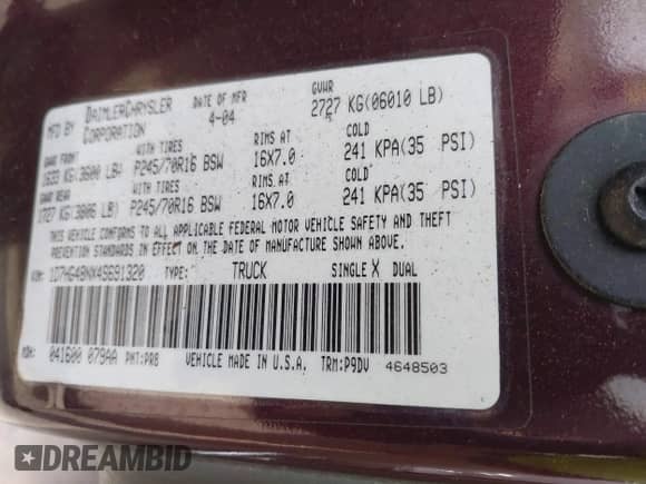 2004 Dodge Dakota SLT with VIN 1D7HG48NX4S691320, listed as a IAAI auction lot 43558788 with Not provided miles and . Bid and sale history available at DreamBid. Image 9.