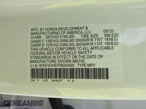 2023 Honda Pilot TrailSport with VIN 5FNYG1H67PB043095, listed as a IAAI auction lot 42045974 with 46,333 mi miles and . Bid and sale history available at DreamBid. Image 9.