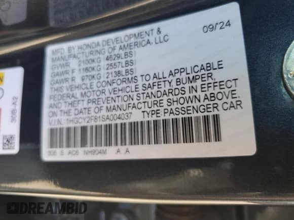 2025 Honda Accord Touring with VIN 1HGCY2F81SA004037, listed as a Copart auction lot 63815905 with 40,005 mi miles and Salvage title. Bid and sale history available at DreamBid. Image 12.