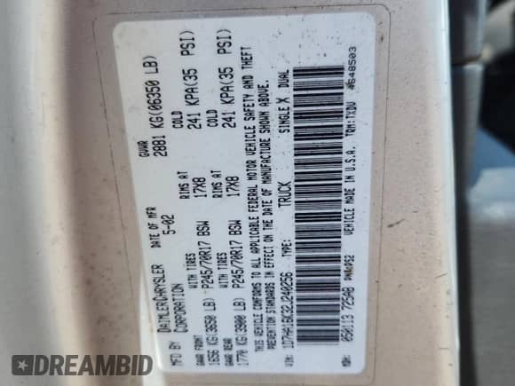 2002 Dodge 1500 z VIN 1D7HA16K32J240256, wystawiony jako Copart lot #63806595 z przebiegiem 228 668 mil mil oraz Czysty tytuł • Clean title. Historia ofert i sprzedaży dostępna na DreamBid. Obrazek 12.