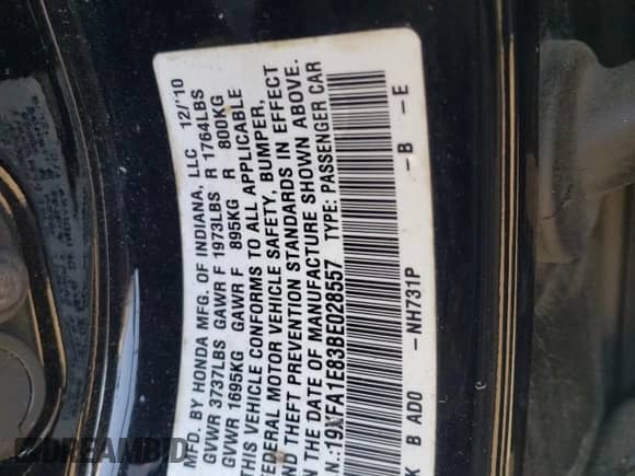 2011 Honda Civic with VIN 19XFA1E83BE028557, listed as a Copart auction lot 70746984 with 102,819 mi miles and Salvage title. Bid and sale history available at DreamBid. Image 12.