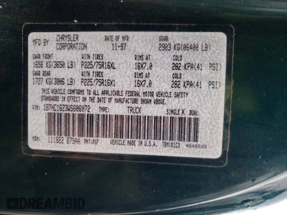 1998 Dodge 1500 z VIN 1B7HC16Z3WS606072, wystawiony jako Copart lot #50005635 z przebiegiem 97 982 mil mil oraz Szkoda całkowita • Salvage title. Historia ofert i sprzedaży dostępna na DreamBid. Obrazek 12.