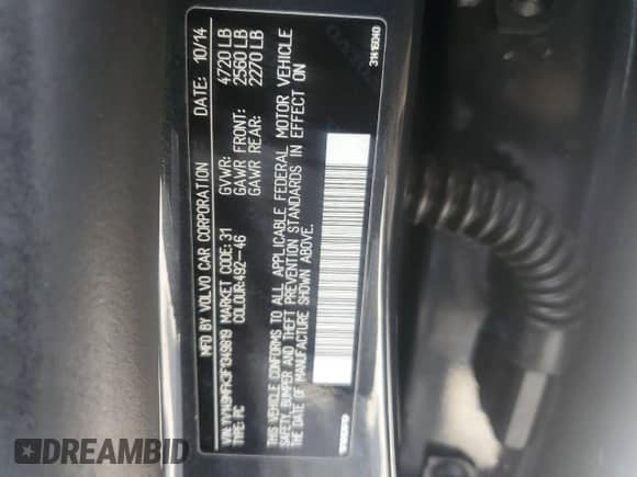 2015 Volvo S60 T6 Drive-E with VIN YV149MFK3F1349819, listed as a Copart auction lot 66590114 with 166,860 mi miles and Salvage title. Bid and sale history available at DreamBid. Image 14.