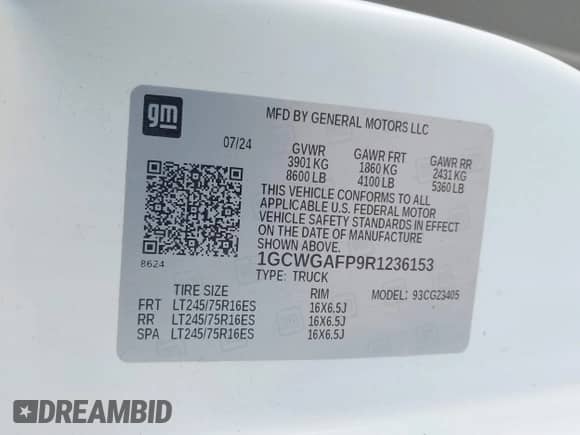 2024 Chevrolet Express Cargo with VIN 1GCWGAFP9R1236153, listed as a IAAI auction lot 43349276 with 51,000 mi miles and . Bid and sale history available at DreamBid. Image 9.