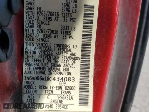 2008 Nissan Frontier SE с VIN 1N6AD06W18C434083, выставлен на аукционе Copart как лот 81515885 с пробегом 174 106 миль миль и Списание • Salvage title. История ставок и продаж доступна на DreamBid. Изображение 12.