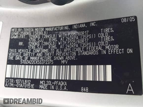 2005 Toyota Sienna XLE Limited with VIN 5TDZA22CX5S372375, listed as a IAAI auction lot 42990151 with 118,864 mi miles and . Bid and sale history available at DreamBid. Image 9.