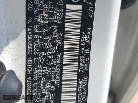 2010 Toyota Prius II with VIN JTDKN3DU8A0140873, listed as a Copart auction lot 80273595 with 230,567 mi miles and Clean title. Bid and sale history available at DreamBid. Image 12.