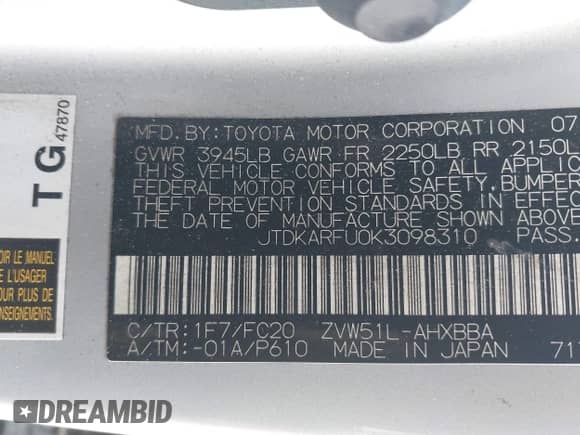 2019 Toyota Prius L Eco с VIN JTDKARFU0K3098310, выставлен на аукционе IAAI как лот 42268650 с пробегом 296 925 миль миль и . История ставок и продаж доступна на DreamBid. Изображение 9.