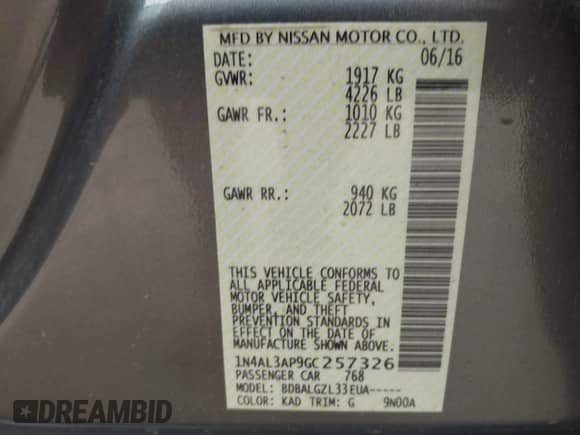 2016 Nissan Altima S with VIN 1N4AL3AP9GC257326, listed as a IAAI auction lot 42165971 with 129,260 mi miles and . Bid and sale history available at DreamBid. Image 9.