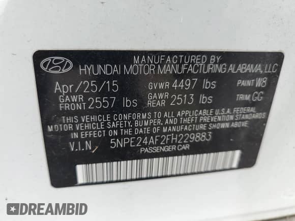 2015 Hyundai Sonata SE с VIN 5NPE24AF2FH229883, выставлен на аукционе Copart как лот 85949755 с пробегом 106 252 миль миль и Чистый • Clean title. История ставок и продаж доступна на DreamBid. Изображение 12.