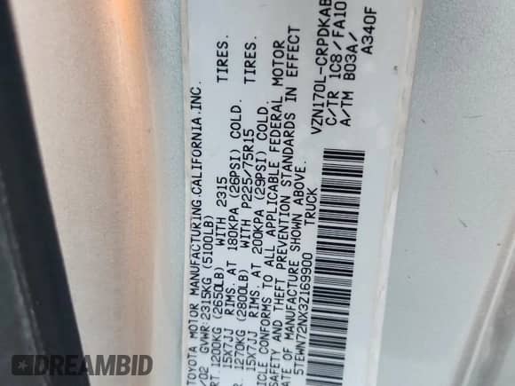 2003 Toyota Tacoma с VIN 5TEWN72NX3Z169900, выставлен на аукционе Copart как лот 80575545 с пробегом Не указан миль и Списание • Salvage title. История ставок и продаж доступна на DreamBid. Изображение 12.