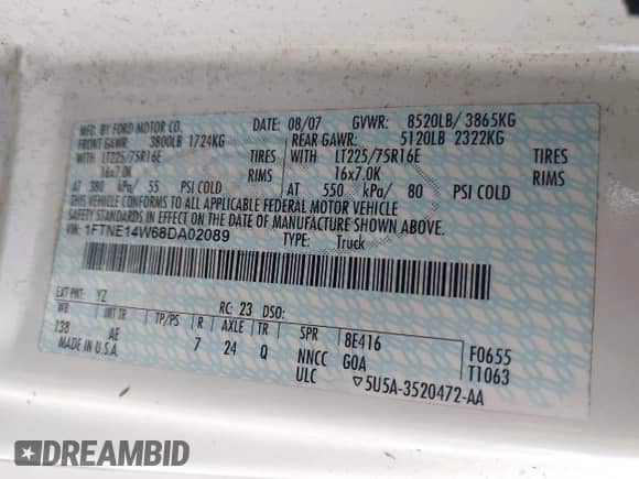 2008 Ford Econoline Cargo Commercial with VIN 1FTNE14W68DA02089, listed as a IAAI auction lot 42644830 with 66,028 mi miles and . Bid and sale history available at DreamBid. Image 9.