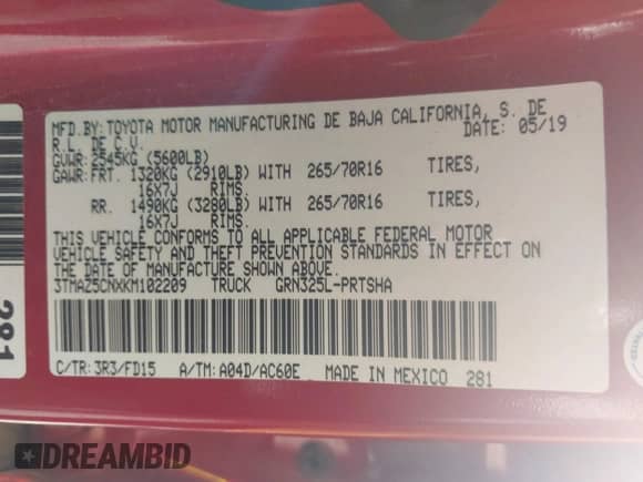 2019 Toyota Tacoma SR5 with VIN 3TMAZ5CNXKM102209, listed as a IAAI auction lot 43392417 with 94,767 mi miles and . Bid and sale history available at DreamBid. Image 9.