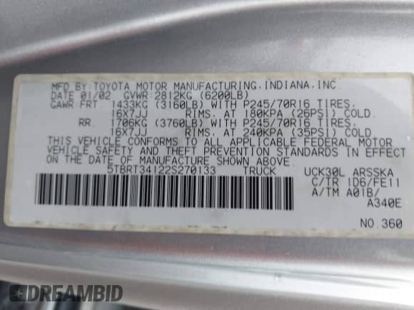2002 Toyota Tundra SR5 z VIN 5TBRT34122S270133, wystawiony jako IAAI lot #43419031 z przebiegiem 104 846 mil mil oraz . Historia ofert i sprzedaży dostępna na DreamBid. Obrazek 9.