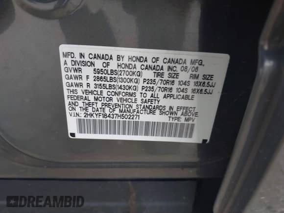 2007 Honda Pilot EX с VIN 2HKYF18437H502271, выставлен на аукционе IAAI как лот 42743226 с пробегом 108 766 миль миль и . История ставок и продаж доступна на DreamBid. Изображение 9.