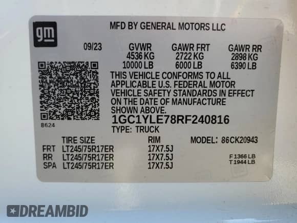 2024 Chevrolet Silverado 2500HD Work Truck with VIN 1GC1YLE78RF240816, listed as a Copart auction lot 42341425 with 29,562 mi miles and Salvage title. Bid and sale history available at DreamBid. Image 12.