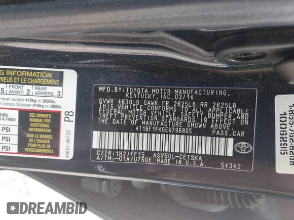 2014 Toyota Camry L with VIN 4T1BF1FK6EU796805, listed as a IAAI auction lot 42960334 with 139,860 mi miles and . Bid and sale history available at DreamBid. Image 9.