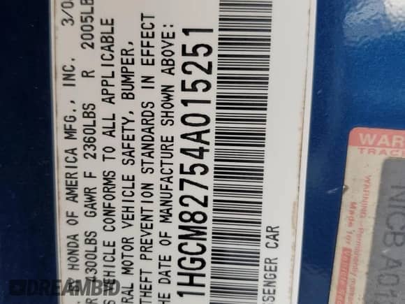 2004 Honda Accord EX-L with VIN 1HGCM82754A015251, listed as a Copart auction lot 56403195 with 211,406 mi miles and Salvage title. Bid and sale history available at DreamBid. Image 12.
