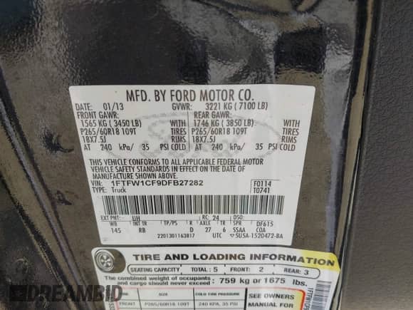 2013 Ford F-150 XL with VIN 1FTFW1CF9DFB27282, listed as a IAAI auction lot 43466689 with 184,035 mi miles and . Bid and sale history available at DreamBid. Image 9.