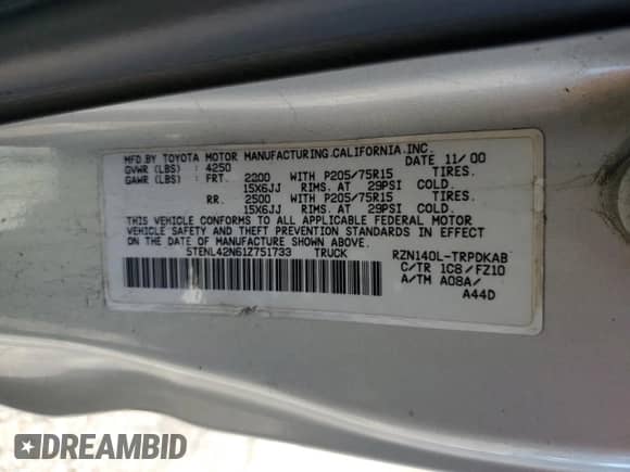 2001 Toyota Tacoma with VIN 5TENL42N61Z751733, listed as a Copart auction lot 82475265 with 283,177 mi miles and Salvage title. Bid and sale history available at DreamBid. Image 12.