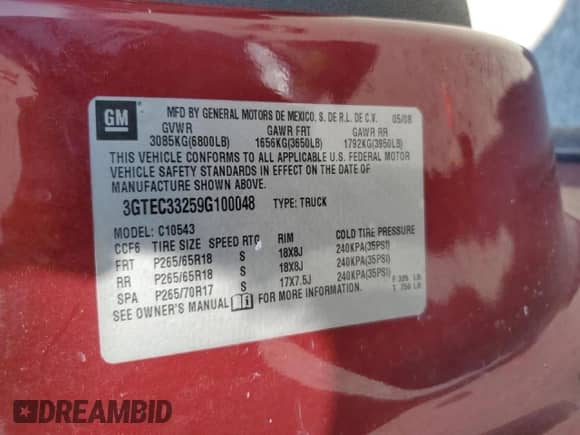 2009 GMC Sierra 1500 with VIN 3GTEC33259G100048, listed as a Copart auction lot 74767884 with 190,190 mi miles and Salvage title. Bid and sale history available at DreamBid. Image 12.