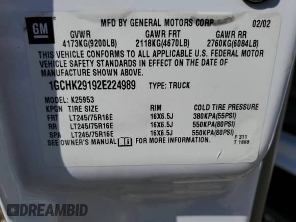 2002 Chevrolet Silverado 2500HD LT с VIN 1GCHK29192E224989, выставлен на аукционе Copart как лот 58627385 с пробегом 139 938 миль миль и Чистый • Clean title. История ставок и продаж доступна на DreamBid. Изображение 12.