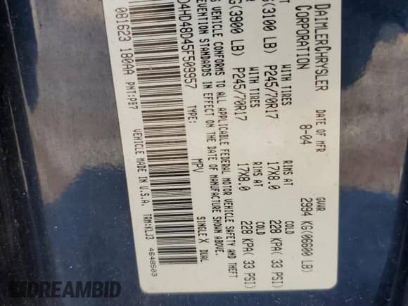 2005 Dodge Durango SLT z VIN 1D4HD48D45F509957, wystawiony jako Copart lot #45083915 z przebiegiem 334 568 mil mil oraz Szkoda całkowita • Salvage title. Historia ofert i sprzedaży dostępna na DreamBid. Obrazek 15.