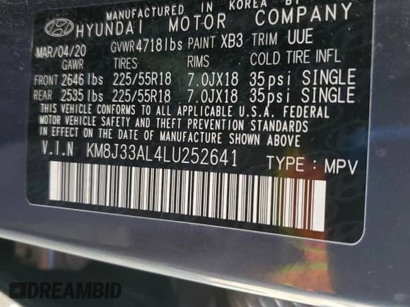 2020 Hyundai Tucson SEL with VIN KM8J33AL4LU252641, listed as a Copart auction lot 84889415 with 62,481 mi miles and Salvage title. Bid and sale history available at DreamBid. Image 13.