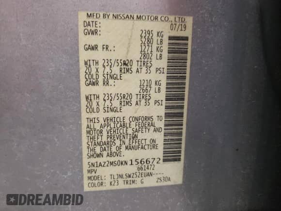 2019 Nissan Murano S с VIN 5N1AZ2MS0KN156672, выставлен на аукционе Copart как лот 52383225 с пробегом 222 097 миль миль и Чистый • Clean title. История ставок и продаж доступна на DreamBid. Изображение 13.