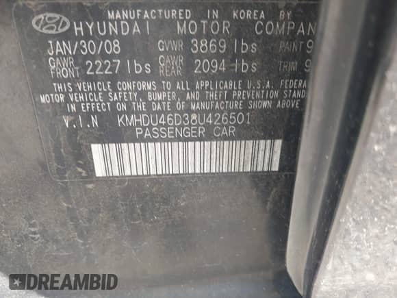 2008 Hyundai Elantra GLS с VIN KMHDU46D38U426501, выставлен на аукционе IAAI как лот 43041932 с пробегом 189 188 миль миль и . История ставок и продаж доступна на DreamBid. Изображение 9.