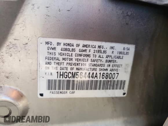 2004 Honda Accord LX с VIN 1HGCM56444A168007, выставлен на аукционе Copart как лот 81792345 с пробегом 215 233 миль миль и На запчасти • Non repairable. История ставок и продаж доступна на DreamBid. Изображение 12.