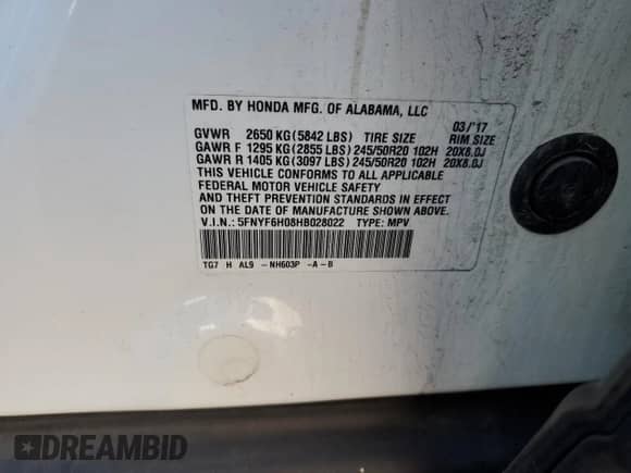 2017 Honda Pilot Elite with VIN 5FNYF6H08HB028022, listed as a Copart auction lot 84253805 with 109,347 mi miles and Salvage title. Bid and sale history available at DreamBid. Image 14.