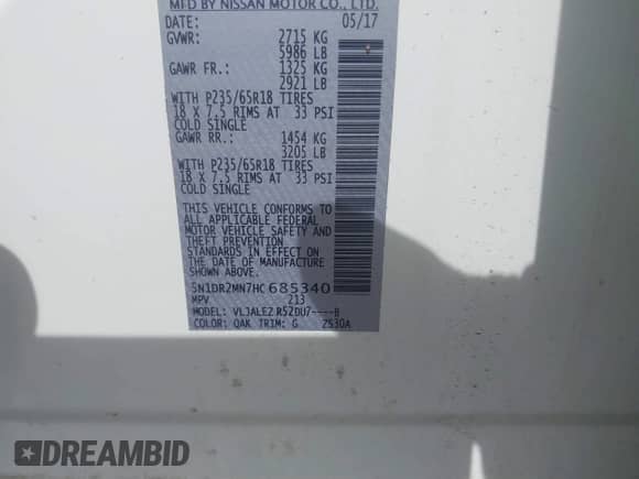 2017 Nissan Pathfinder SV with VIN 5N1DR2MN7HC685340, listed as a IAAI auction lot 42253141 with 166,267 mi miles and . Bid and sale history available at DreamBid. Image 9.