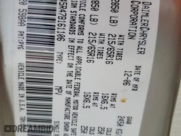 2007 Dodge Caravan SXT z VIN 1D4GP45R47B161106, wystawiony jako Copart lot #69018935 z przebiegiem 279 781 mil mil oraz Szkoda całkowita • Salvage title. Historia ofert i sprzedaży dostępna na DreamBid. Obrazek 14.