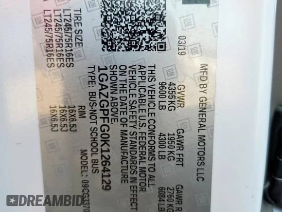 2019 Chevrolet Express Passenger LT с VIN 1GAZGPFG0K1264129, выставлен на аукционе Copart как лот 71447185 с пробегом 54 600 миль миль и Списание • Salvage title. История ставок и продаж доступна на DreamBid. Изображение 13.