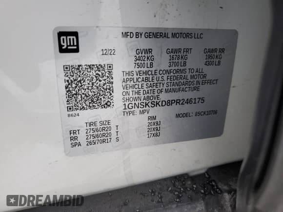 2023 Chevrolet Tahoe Premier with VIN 1GNSKSKD8PR246175, listed as a Copart auction lot 45725735 with 54,988 mi miles and Clean title. Bid and sale history available at DreamBid. Image 14.