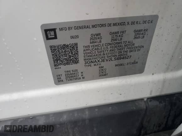 2020 Chevrolet Equinox LT z VIN 3GNAXJEV2LS694527, wystawiony jako Copart lot #85489035 z przebiegiem 58 030 mil mil oraz Nie do naprawy • Non repairable. Historia ofert i sprzedaży dostępna na DreamBid. Obrazek 13.