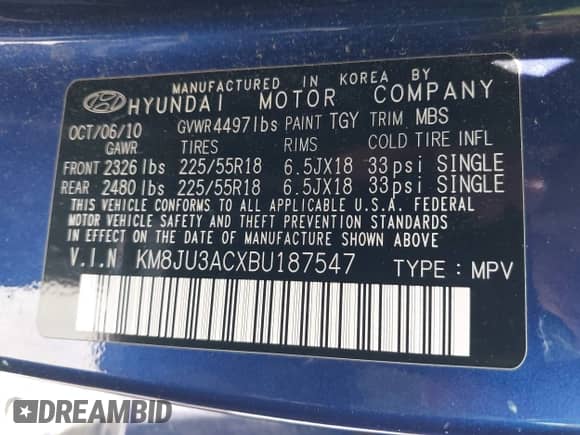 2011 Hyundai Tucson Limited с VIN KM8JU3ACXBU187547, выставлен на аукционе IAAI как лот 42799186 с пробегом 179 812 миль миль и . История ставок и продаж доступна на DreamBid. Изображение 9.