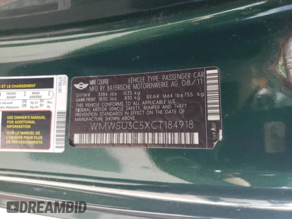 2012 MINI Hardtop с VIN WMWSU3C5XCT184918, выставлен на аукционе Copart как лот 59039755 с пробегом 126 185 миль миль и Списание • Salvage title. История ставок и продаж доступна на DreamBid. Изображение 13.