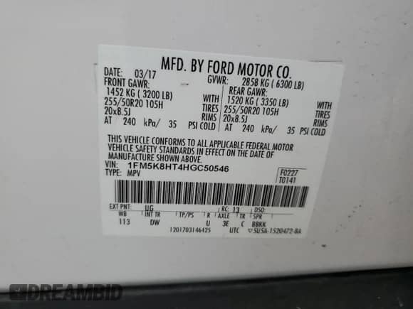 2017 Ford Explorer Platinum с VIN 1FM5K8HT4HGC50546, выставлен на аукционе Copart как лот 81708555 с пробегом 92 293 миль миль и Списание • Salvage title. История ставок и продаж доступна на DreamBid. Изображение 13.