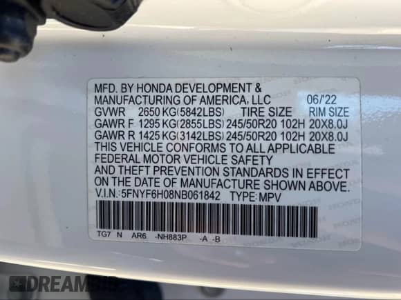 2022 Honda Pilot Elite z VIN 5FNYF6H08NB061842, wystawiony jako IAAI lot #43489129 z przebiegiem 141 490 mil mil oraz . Historia ofert i sprzedaży dostępna na DreamBid. Obrazek 9.