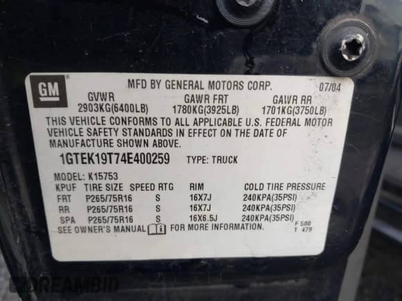 2004 GMC Sierra 1500 SLT с VIN 1GTEK19T74E400259, выставлен на аукционе IAAI как лот 41091044 с пробегом 173 726 миль миль и . История ставок и продаж доступна на DreamBid. Изображение 9.