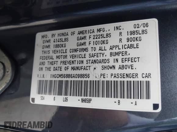2006 Honda Accord EX-L with VIN 1HGCM56886A098856, listed as a IAAI auction lot 42972268 with 198,880 mi miles and . Bid and sale history available at DreamBid. Image 9.